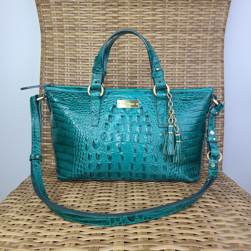 Brahmin Common Teal Crocodile Embossed Leather Bag Tassel Charm